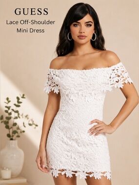 GUESS White Floral Lace Off Shoulder Cocktail Mini Dress Medium